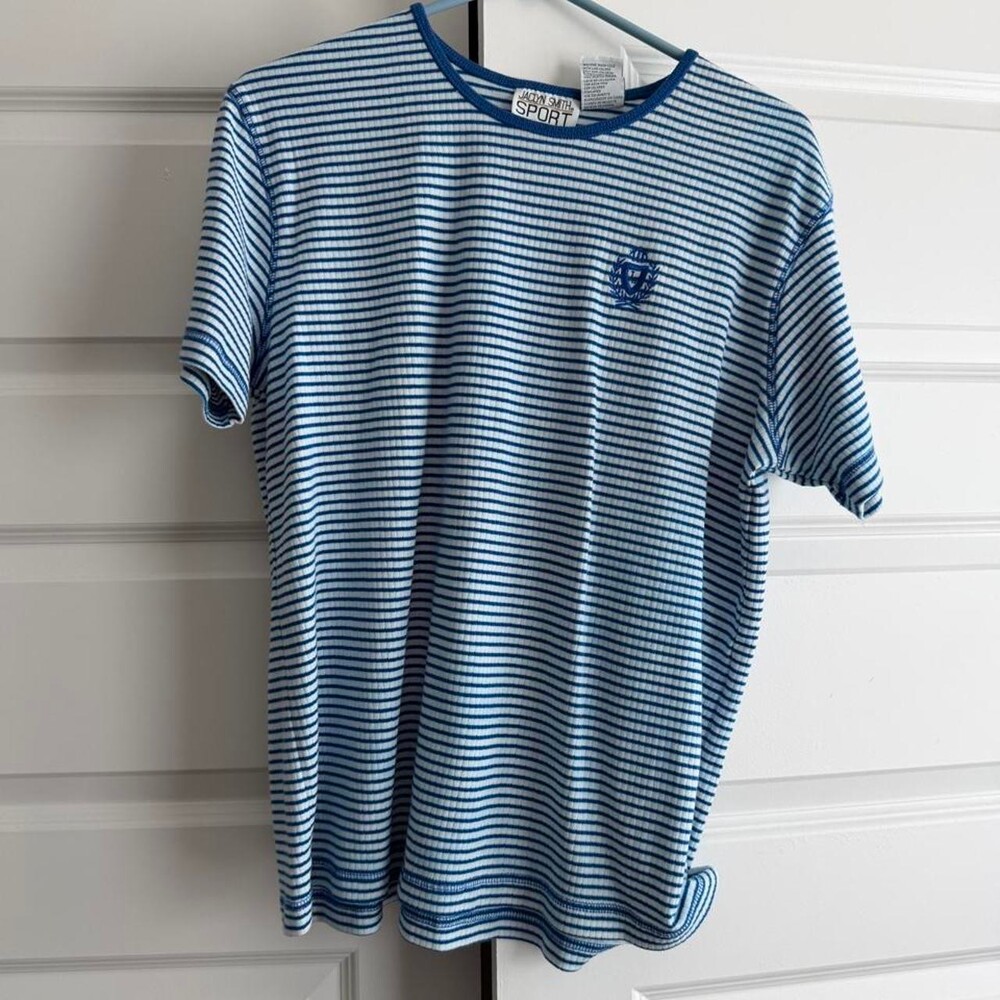 vintage Jaqueline Smith white and blue striped cotton & polyester t-shirt in XL - Picture 1 of 3